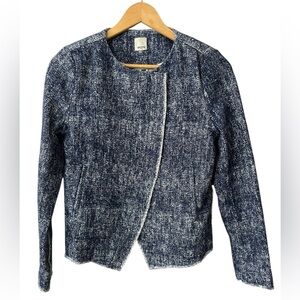 Ecru Women’s Blue Printed Fringe Trim Tweed Jacket Asymmetrical Zip Blazer Small